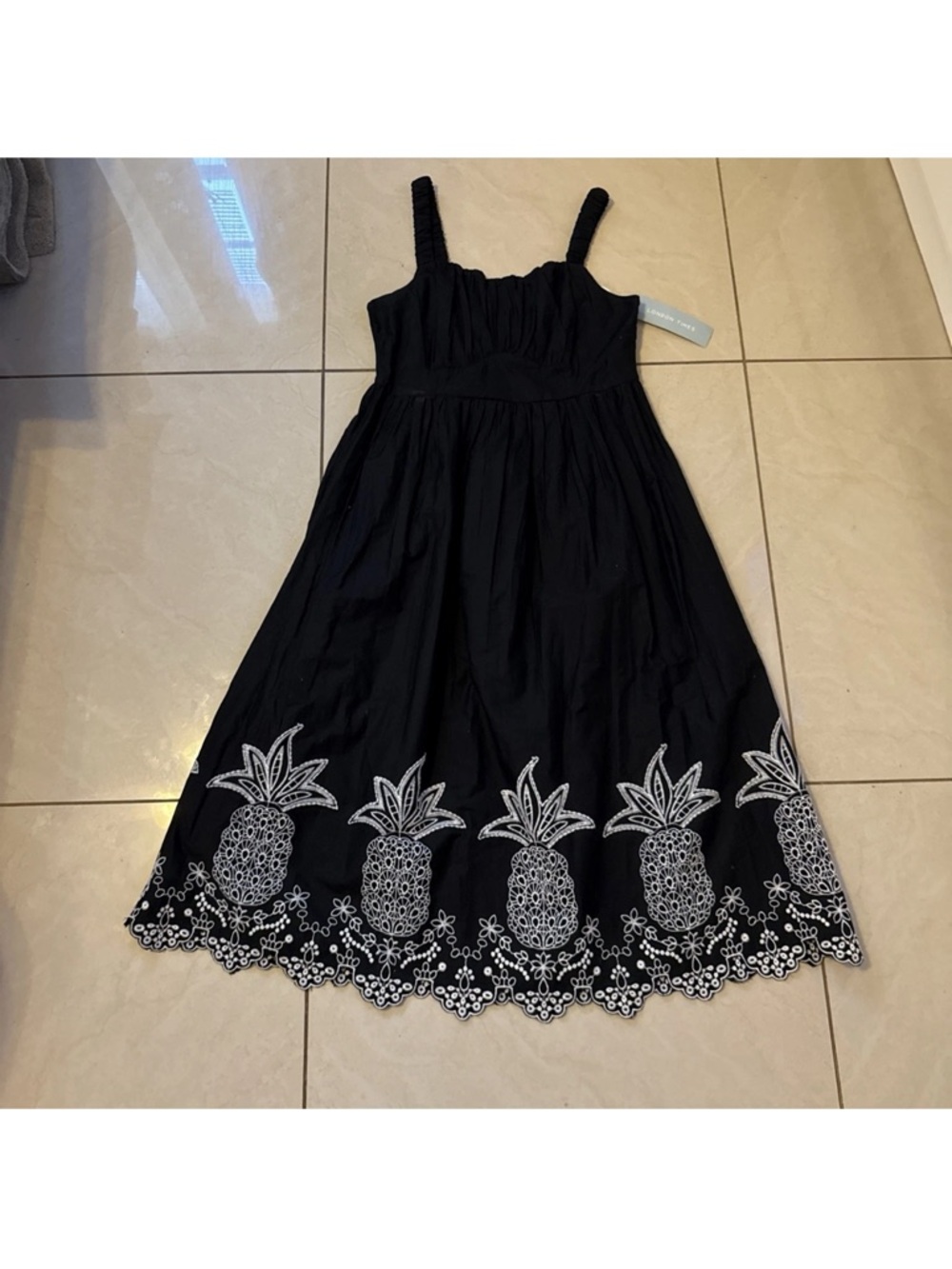 London Times Anthropologie Farm Dress S Cotton Rio Pineapple Embroidered Black